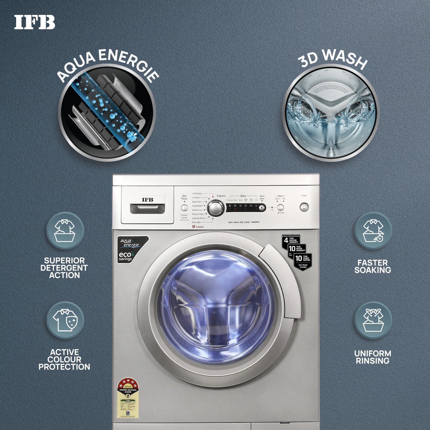 IFB 6 Kg 5 Star Front Load Washing Machine 2X Power Steam (DIVA AQUA SXS 6010, 2023 Model, Silver, In-built Heater, 4 years Comprehensive Warranty)