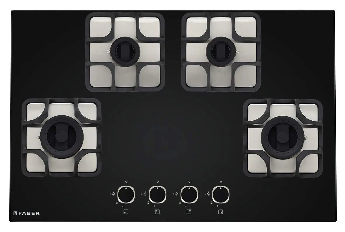 Faber Hobtop Imperia Plus 784 BRB CI BK 4 Brass Burner Auto Electric Ignition Glass Top, Black