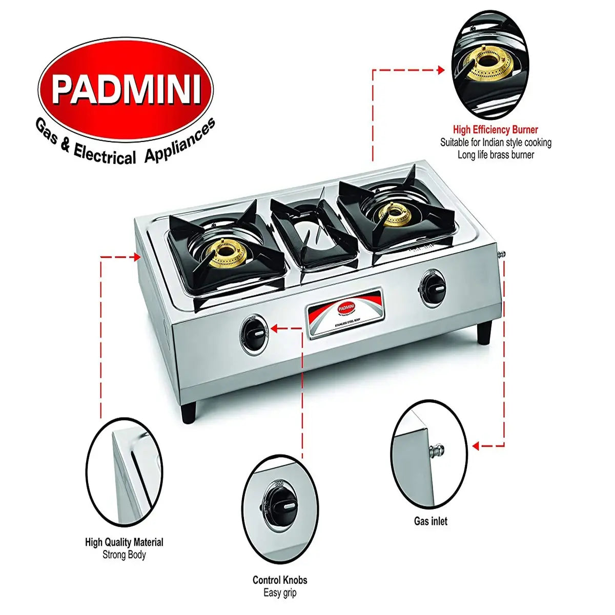 Padmini Gas Stove, 2 Burner, Silver (CS-203)