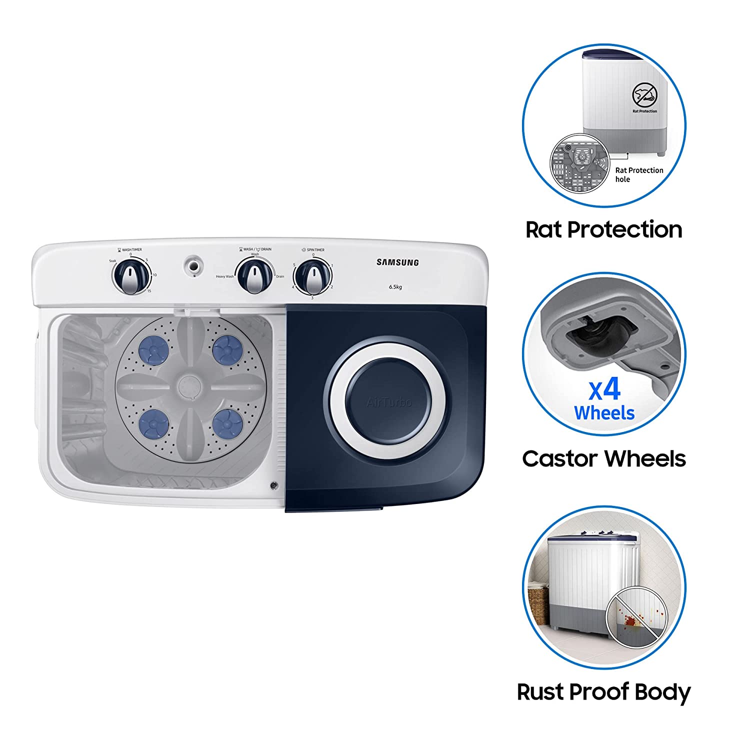 Samsung 6.5 Kg Washing Machine 5 Star WT65R2200LL TL Blue Air Turbo Drying System