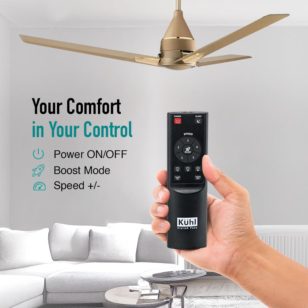 KUHL Arctis A1 1200 mm 65% Power Saving BLDC Ceiling Fan With Remote | BEE 5 Star Rated & ISI | High Air Flow | 5 Year Warranty | Gold