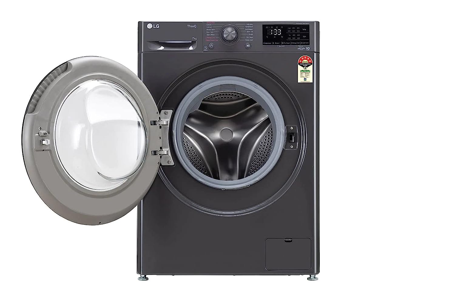 LG 7 Kg 5 Star Inverter Fully-Automatic Front Loading Washing Machine with Inbuilt heater (FHV1207Z2M, Middle Black with Black Door, AI DD Technology & Steam for Hygiene)