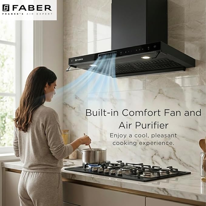 Faber 4in1 Hood Aero Smart 1400 m³/hr Filterless Autoclean 90cm Chimney|Air Purifier+Fan|Touch & Gesture Control |T-Shape  AeroSmart FL HC TC BK 90