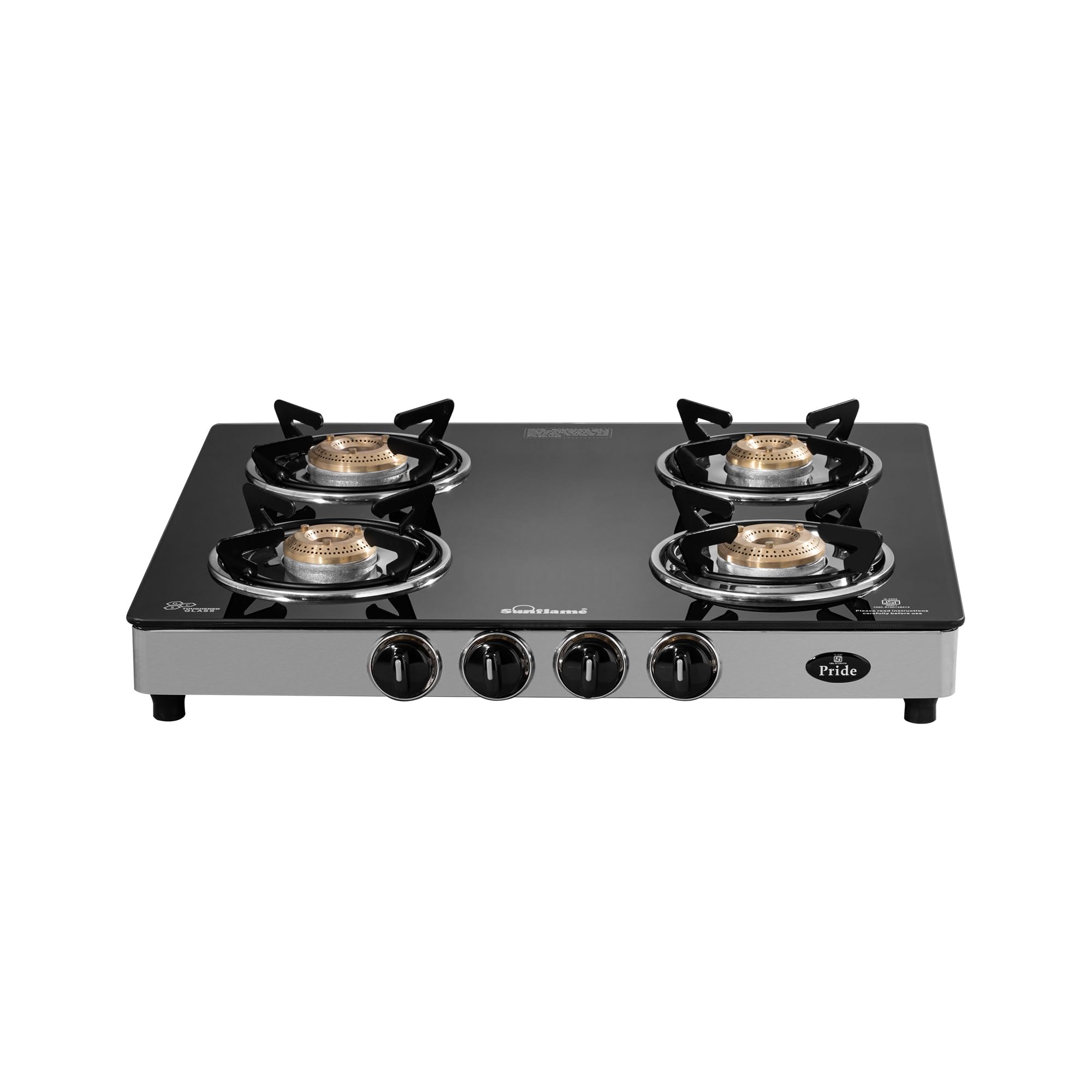 Sunflame Pride 4 Burner Gas Stove | 2 Medium and 2 Small Brass Burners | 2-Year Product Coverage by Sunflame | Ergonomic Knobs | Easy to Maintain l Toughened Glass Top | PAN India Presence
