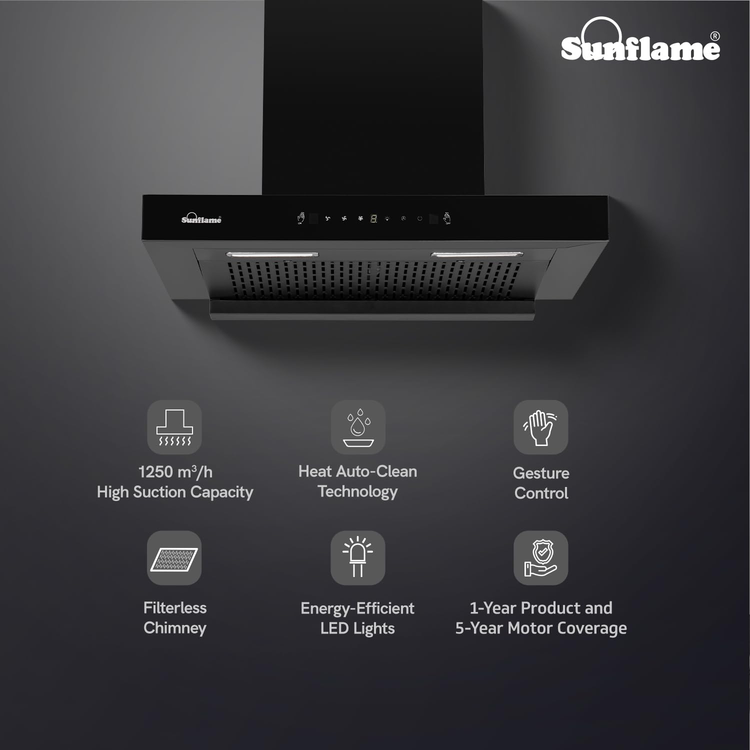 Sunflame Glanza High Efficiency Filterless 60cm Chimney | 1250 m³/h Suction Capacity | 1-Year Product and 5-Year Motor coverage | Heat Auto-Clean | Touch Panel and Gesture Control