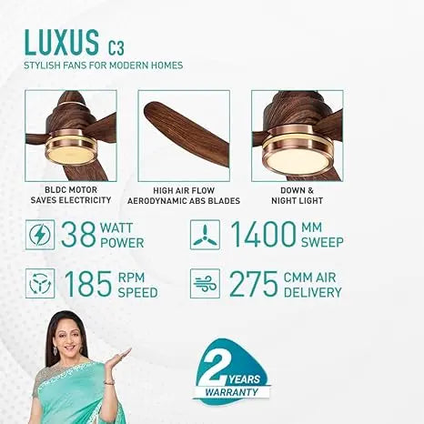 KUHL Stylish Fan Luxus C3 Teakwood| 5 Star Rated| BLDC Technology| Low Power 38W| High Air Flow|Low Noise|3 Aerodynamic ABS Blades| Night & Down Light| Operate on Remote - Mobile - Alexa| Reverse Mode