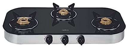 Elica Glass Top 3 Burner Gas Stove with Spill Proof Drip Tray (TURNO 773 CT DT VETRO, Stainless Steel +Glass)