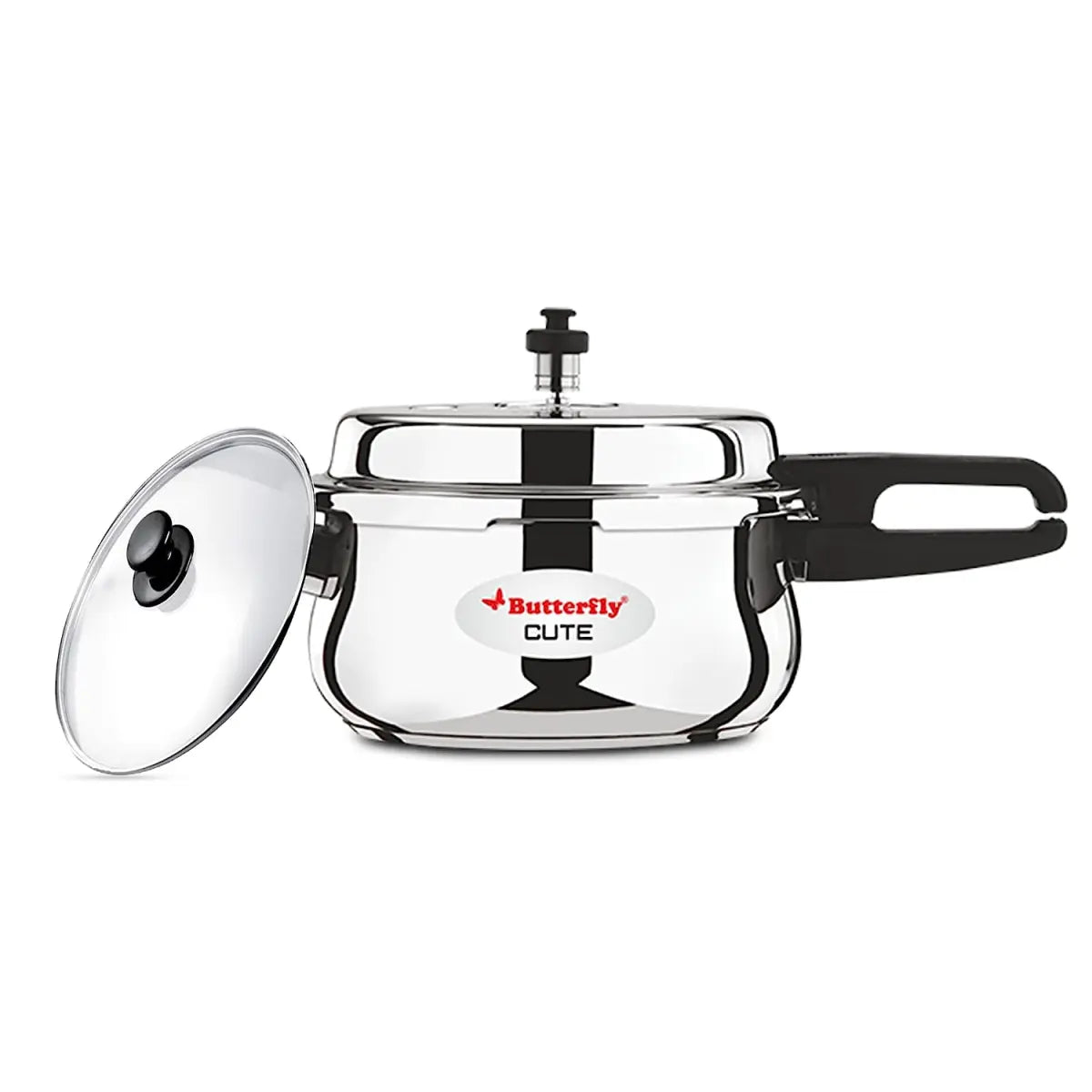 Butterfly Cute SS Induction Compatible Outer Lid Stainless Steel Pressure Cooker with Glass Lid 2 Ltr, Silver