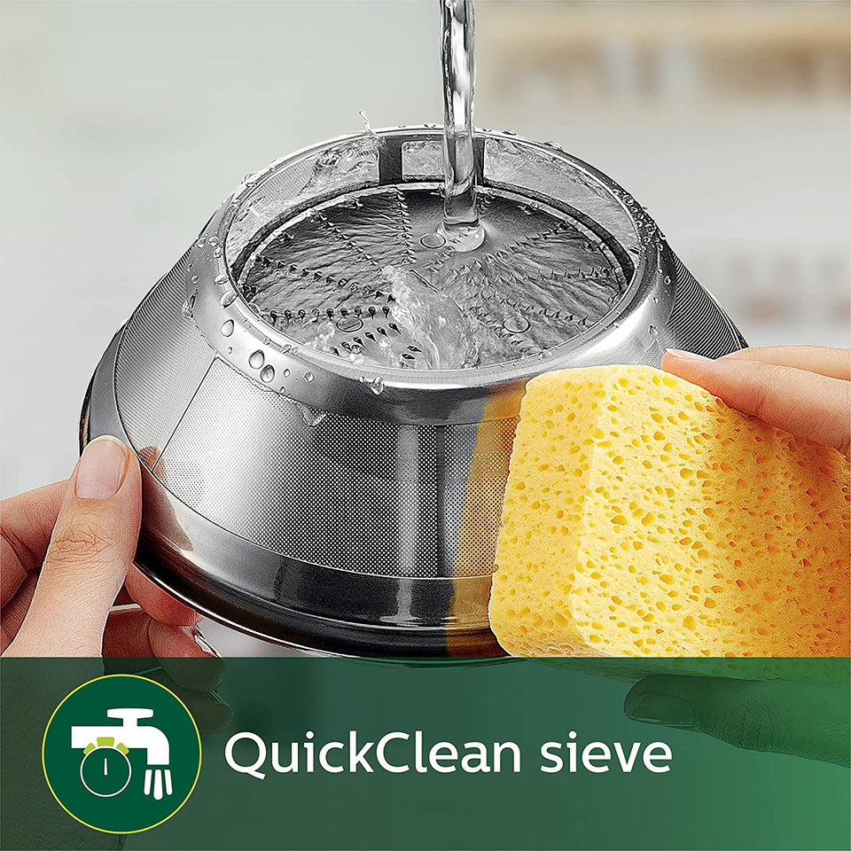 Philips HR1863/20 juicer stainless steel QuickClean sieve being rinsed under a tap and wiped with a sponge
