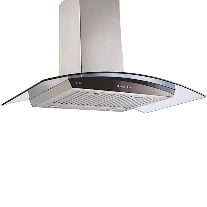 Glen 90 cm1250 m3/hr Curved Glass Wall Mounted Kitchen Chimney Baffle Filters Push Buttons (6071 GF Silver)