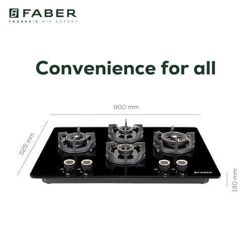 Faber 90cm 4 Burner Hob|Auto Electric|Built-In or Hobtop|Flame Failure Device|Cast Iron Pan Support|Glass Matt Finish|Metal Knobs|Warranty 5 Years on Glass and Valves|HOB EXPERIA HT904 ALU AI