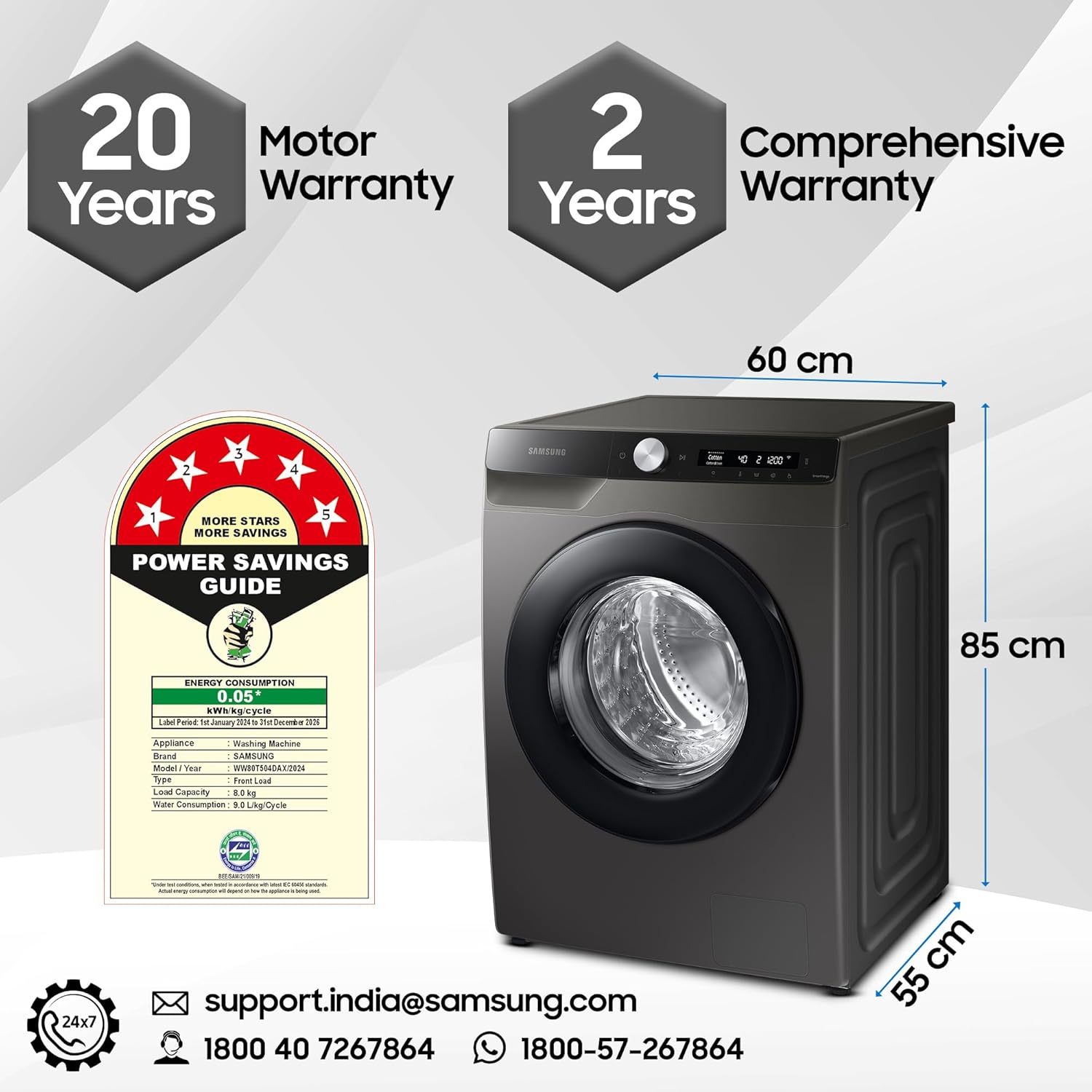 Samsung 8kg 5-Star AI Control Front Load Washing Machine (WW80T504DAX1TL) with AI Eco Bubble, Wi-Fi, Digital Inverter Motor