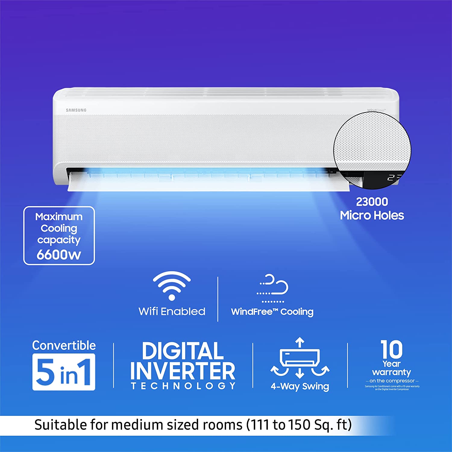 Samsung 1.5 Ton 5 Star Wi-fi Enabled Inverter Split AC Copper AR18CYNANWK White)