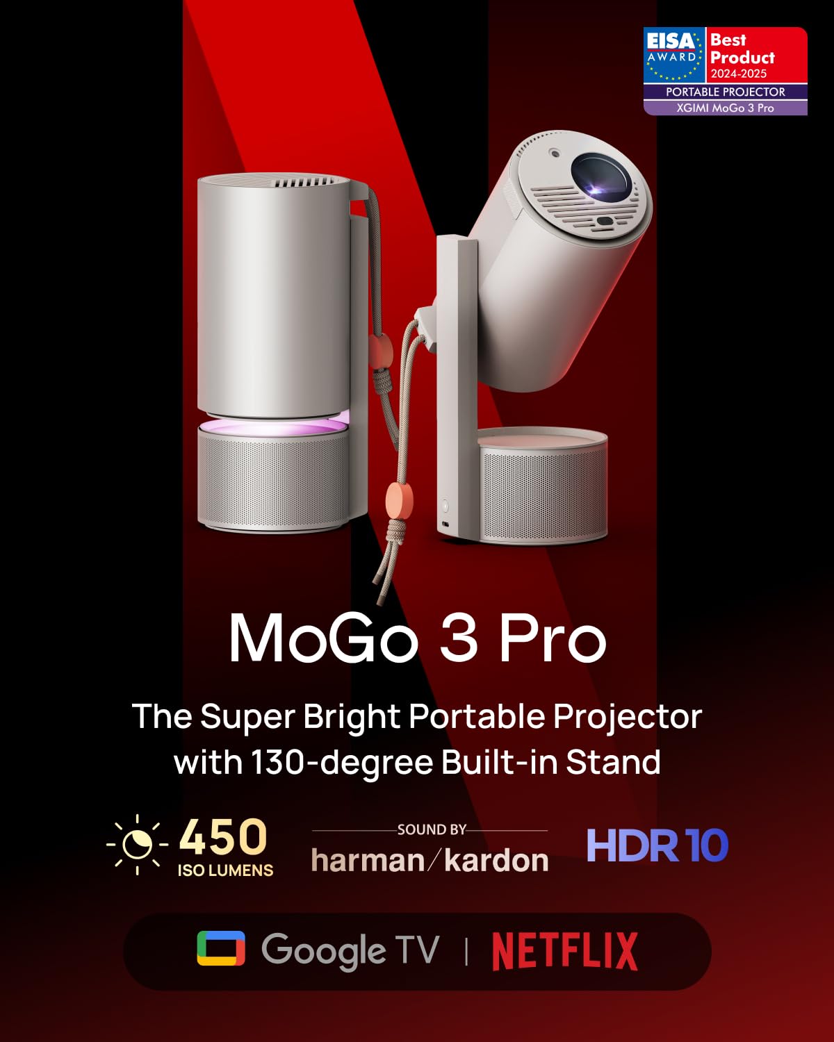 XGIMI MoGo 3 Pro DLP Projector, 1080P FHD, 450 ISO Lumens, GTV & Netflix, 4K Support, 130° Stand