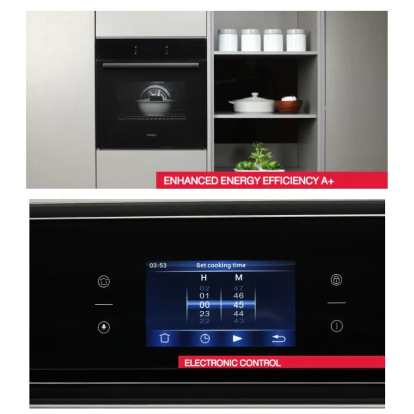 Hafele Iris oven installed in a kitchen tower above an electronic control touch screen close-up