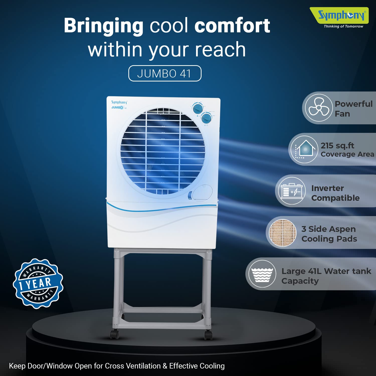 Symphony Jumbo 41 Desert Air Cooler for Home with Aspen Pads, Powerful Fan, Cool Flow Dispenser and Free Trolley (41L, White)