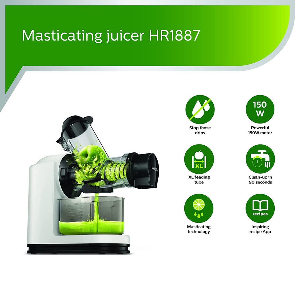 Philips HR1887/81 masticating juicer feature overview: drip stop, 150W motor, XL feeding tube, quick clean, recipe app