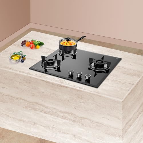 KAFF FBB 603 Built-in Hob/Hobtop 3 Burners, Auto Electric Ignition Glass Top, 60 CM, Full Brass Burner, 8 MM Thick Toughened Glass Bevelled Black Tempered Glass (Black)
