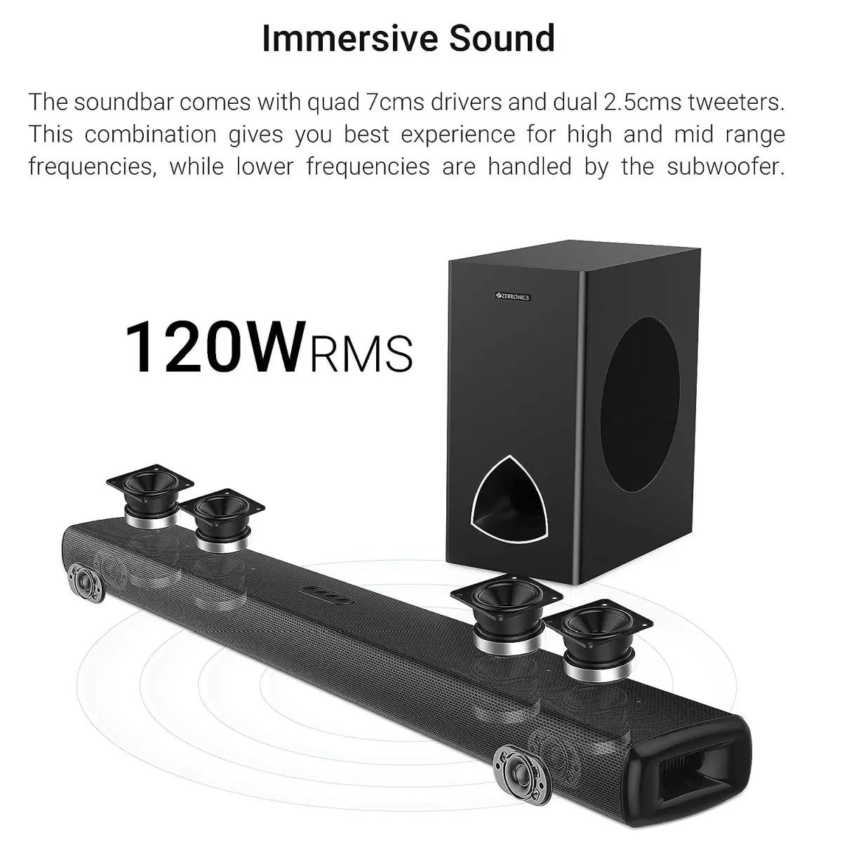 ZEBRONICS Zeb-JUKEBAR 9001 PRO Dolby, 120W Multimedia soundbar with subwoofer Supporting Bluetooth, HDMI(ARC), Optical Input, AUX,USB, Dolby Digital Plus and Remote Control (Black)