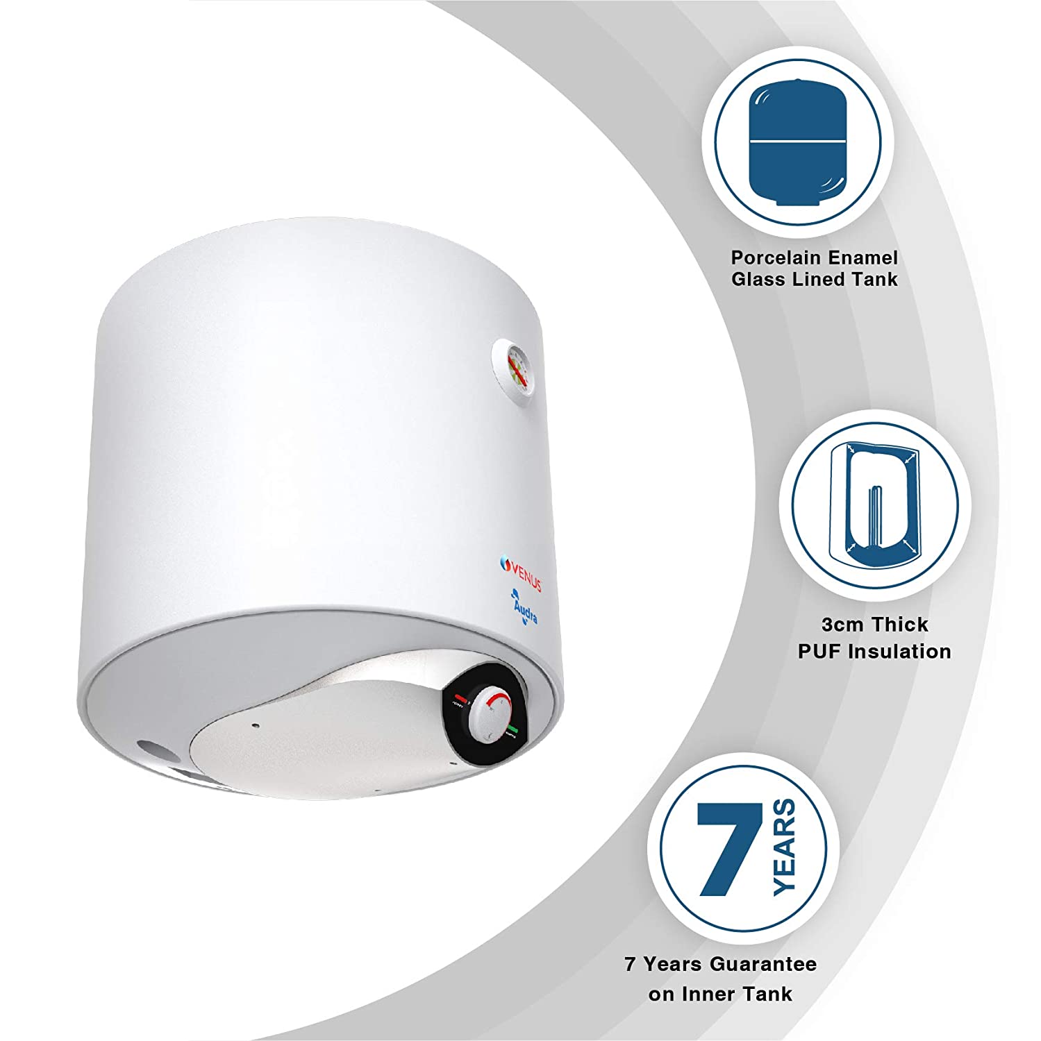 VENUS Audra 06AV 06-Litre 3000W (White) Water Heater,Porcelain Enamelled Glass Lined Tank, BEE Star Rating - 5 Stars, ISI, Free Flexible Hose