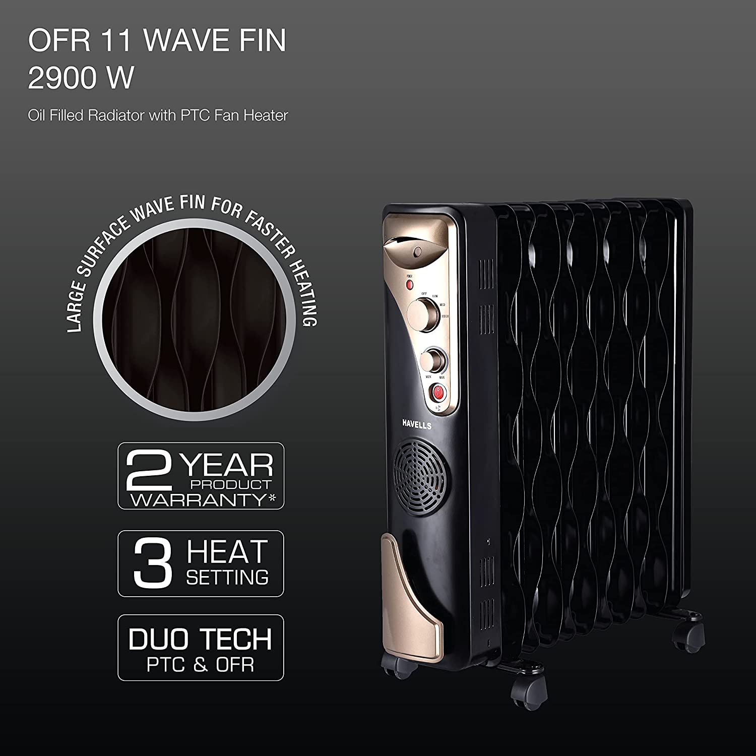 Havells OFR 11 2900 Watts Wave Fin with PTC Fan Heater (Black) (OFR 11 Wave Fin)
