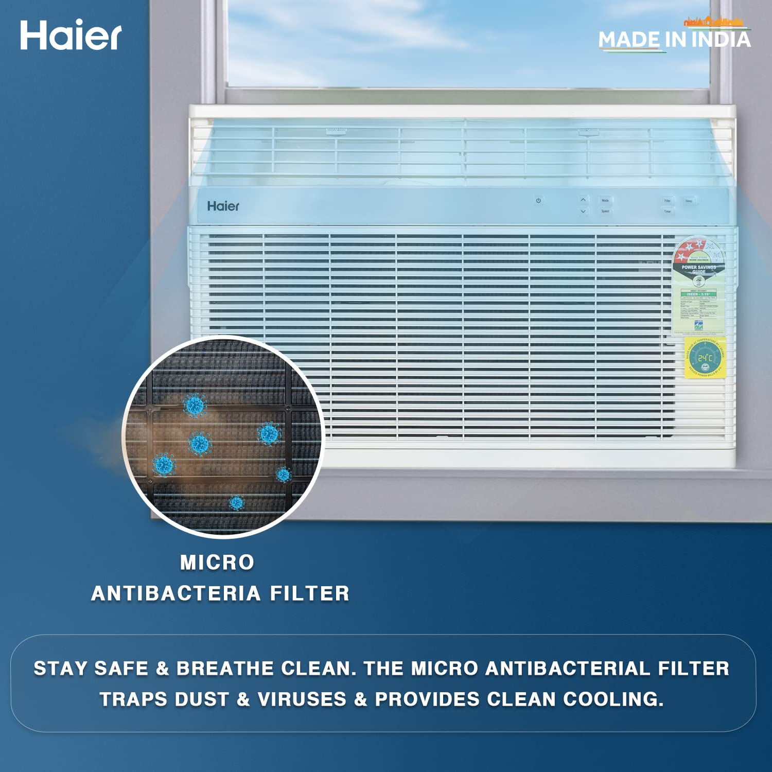 Haier 1.5 Ton 3 Star Fixed Speed Window AC (Copper, Antibacterial Filter, 2023 Model, HWU18TF-EW3BE-FS, White)