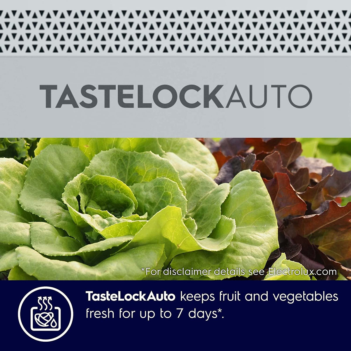 Electrolux ETE5700C TasteLockAuto graphic with fresh lettuce keeping produce fresh for up to 7 days