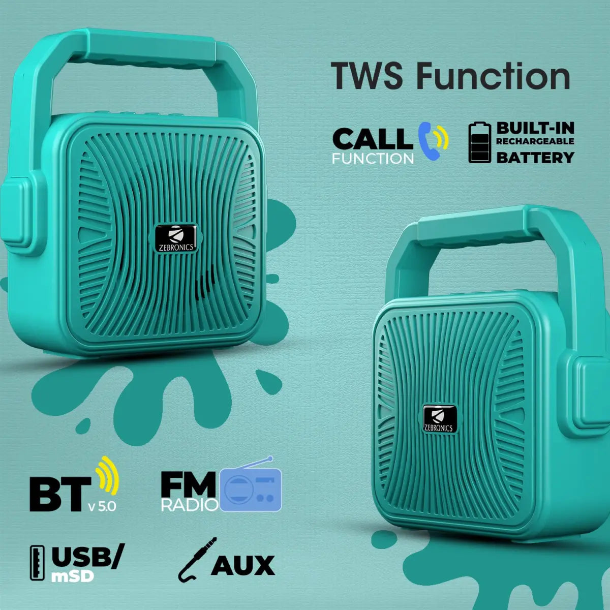 Zebronics Zeb-County 2 Portable Wireless Speaker Supporting Bluetooth v5.0, FM Radio, Call Function, Built-in Rechargeable Battery, USB/Micro SD Card Slot, 3.5mm AUX Input, TWS (Blue)