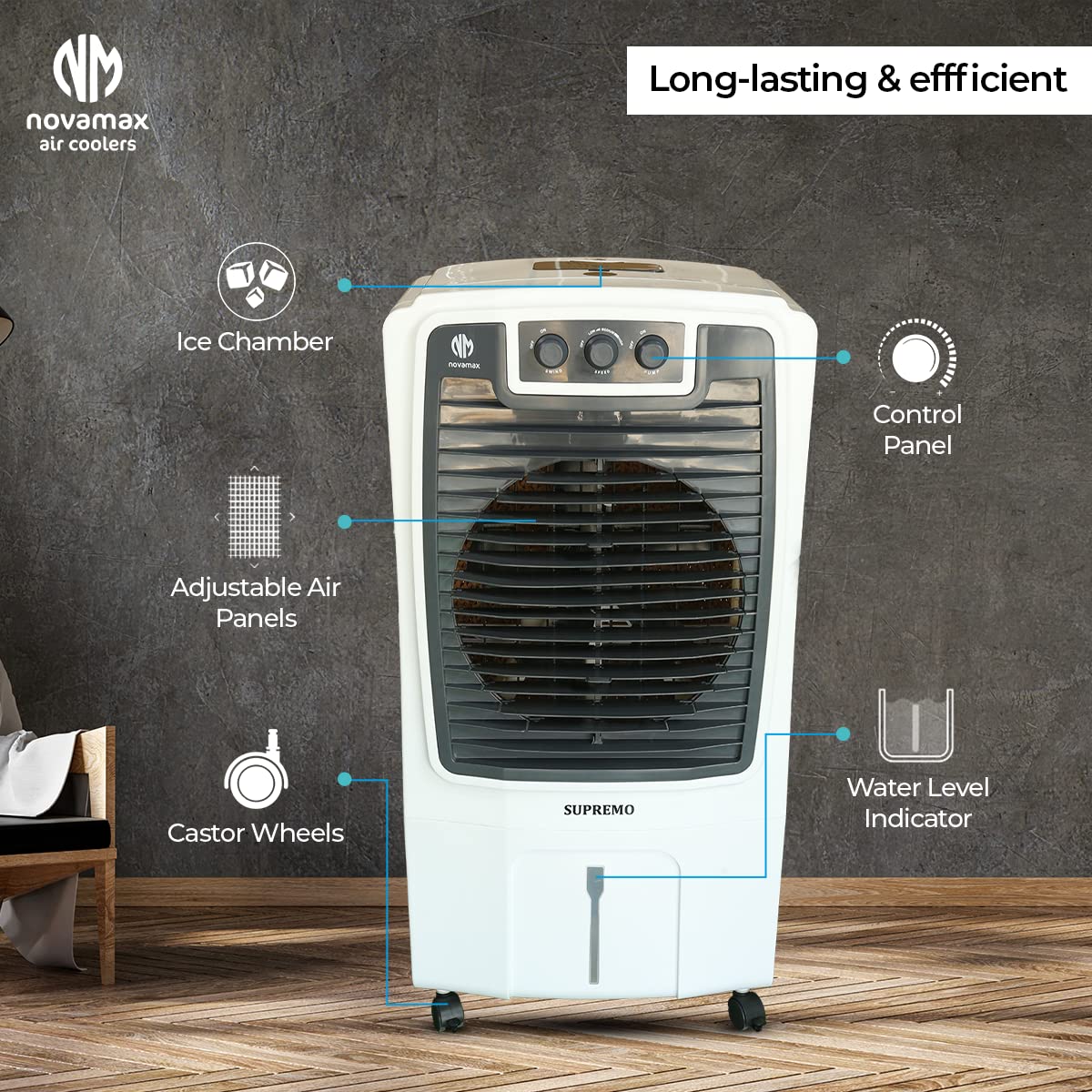 Novamax Supremo 80 L Heavy Duty Desert Air Cooler For Home/Office With Honeycomb Cooling & Auto Swing Technology, Powerful Air Throw & 3-Speed..