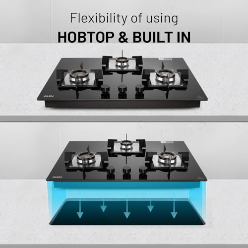 Glen 3 Burner Built In Glass Hob | Auto Ignition | 8 MM Toughened Glass | Black |Forged Brass Burner with Double Ring Flame |Warranty 2 Years Standard & 5 Years Glass |1073 SQ HT DB 70