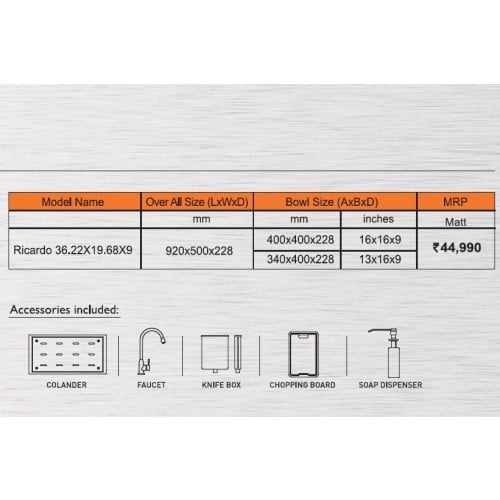 Hindware Ricardo Plus 37x20x9 inch Matt Finish SS Double Bowl Kitchen Sink
