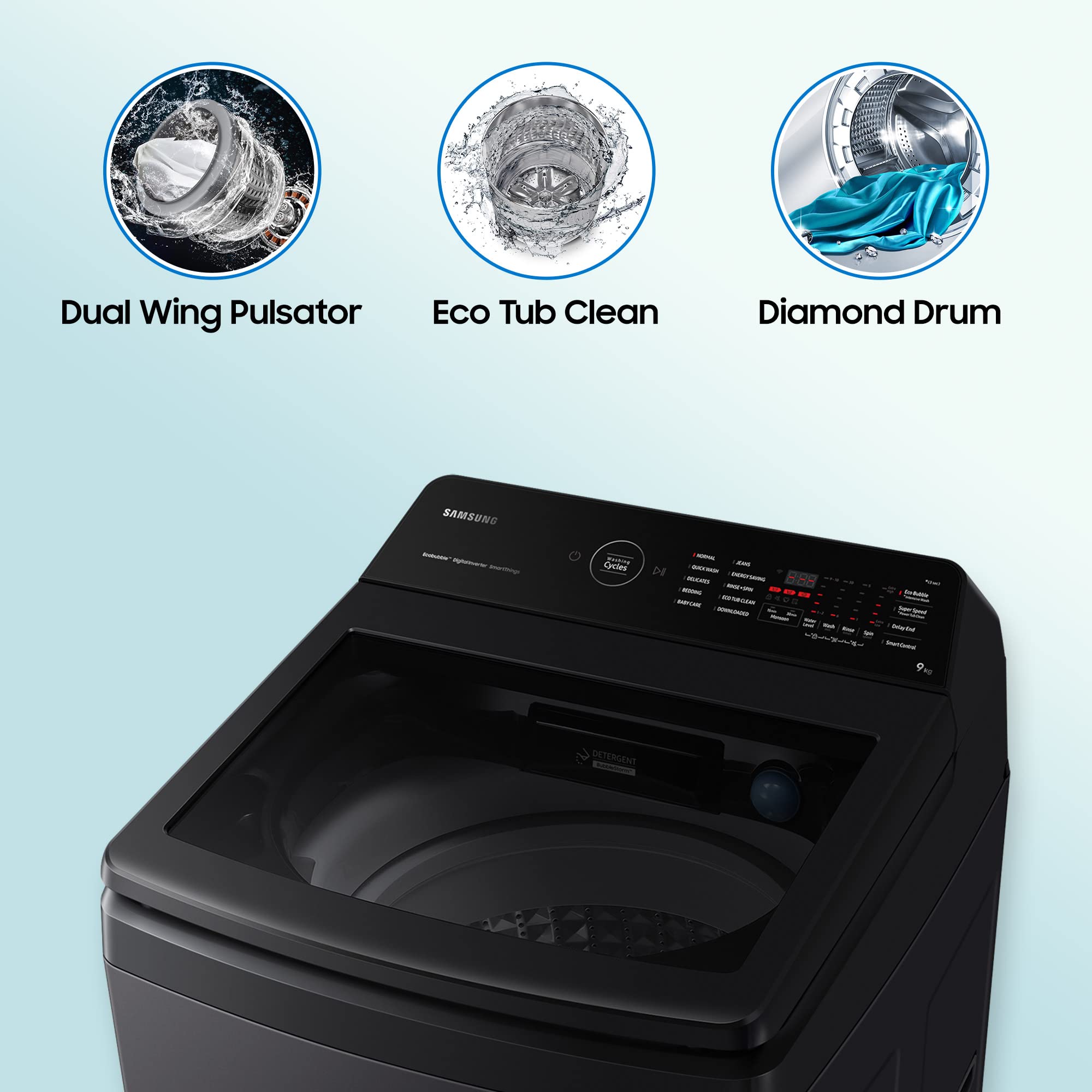 Samsung 9 Kg, 5 Star, Eco Bubble Technology With Super Speed, Wi-Fi, Digital Inverter Motor, Dual Storm, Fully-Automatic Top Load Washing Machine (WA90BG4546BVTL, Black Caviar)