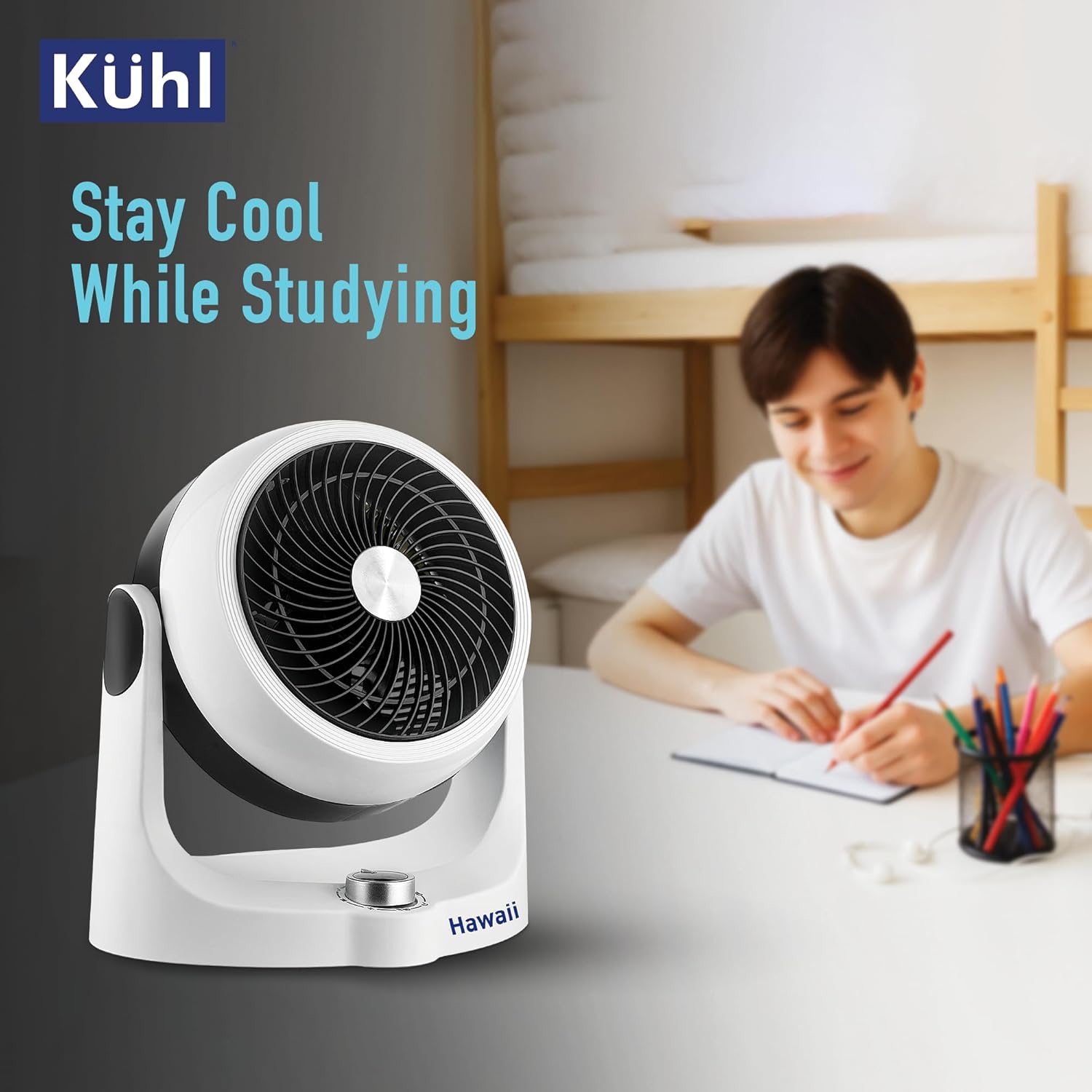 KUHL Hawaii Desktop Fan 165MM|Tilt & Swivel Mechanism|70° Tilt Head|3 Winds Mode|Speed & Swing Control|High Air Flow & Low Noise