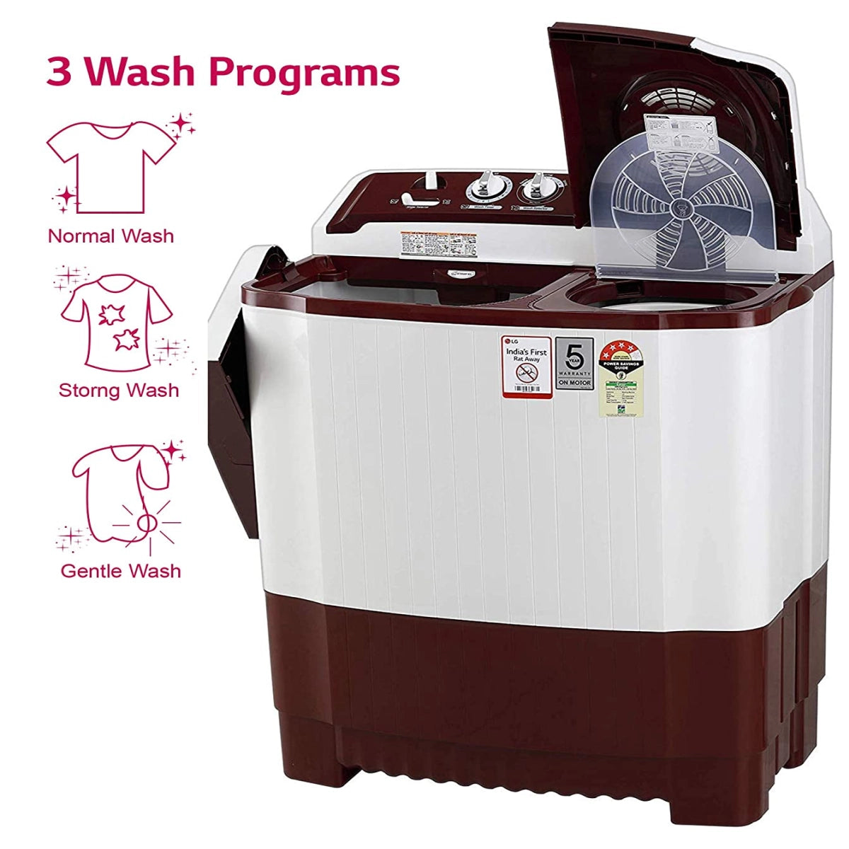 LG P7010RRAY Wash 7Kg and Spin 5.5 Kg, 4 Star, Rust Free Body, Roller Jet Pulsator, Wind Jet Dry, Color: Burgundy