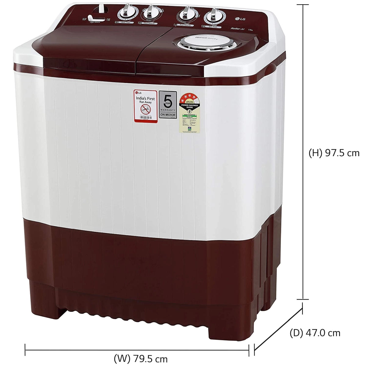 LG P7010RRAY Wash 7Kg and Spin 5.5 Kg, 4 Star, Rust Free Body, Roller Jet Pulsator, Wind Jet Dry, Color: Burgundy