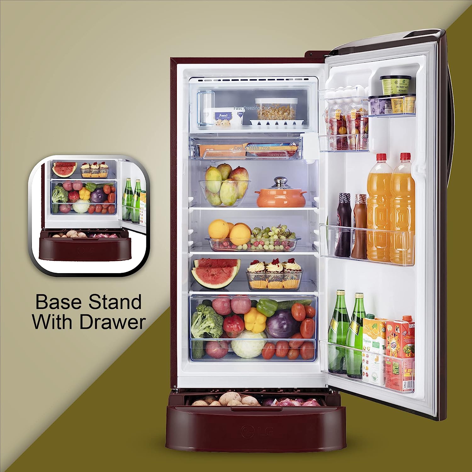 LG 201 L 5 Star Inverter Direct-Cool Single Door Refrigerator (GL-D211CSEU, Scarlet Euphoria, Base stand with drawer)