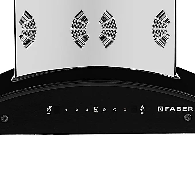 Close-up of the Faber Hood Everest Smart touch and gesture control panel with speed buttons, display and Faber logo