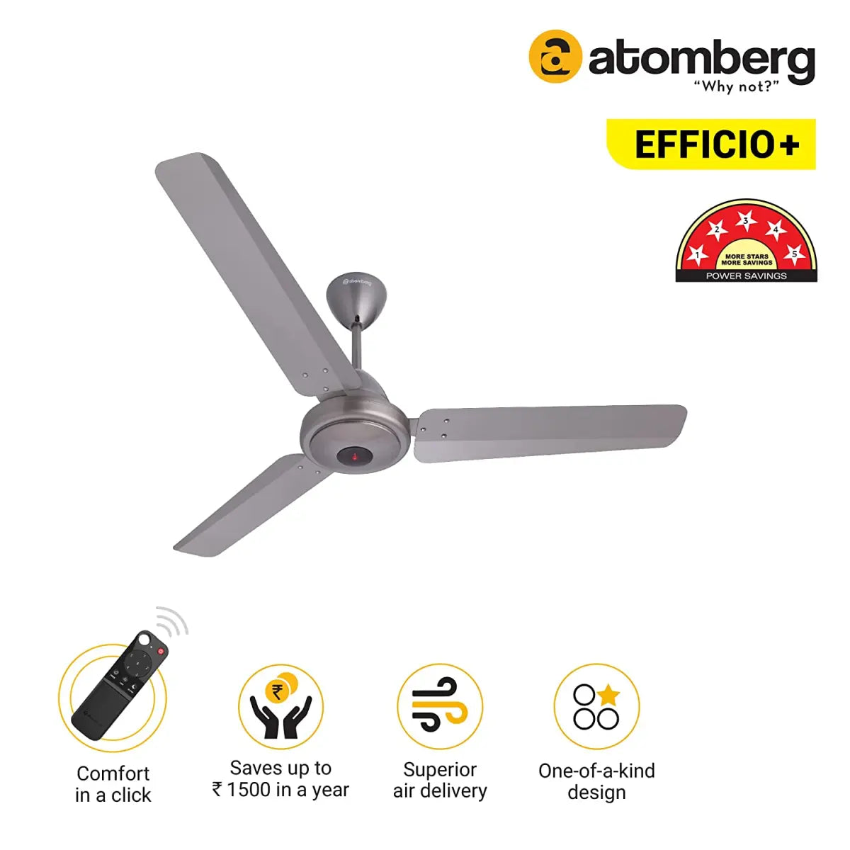 atomberg Efficio+ 1200mm BLDC மோட்டார் 5 நட்சத்திர மதிப்பீடு பெற்ற சீலிங் ஃபேன்ஸ் கிரே 