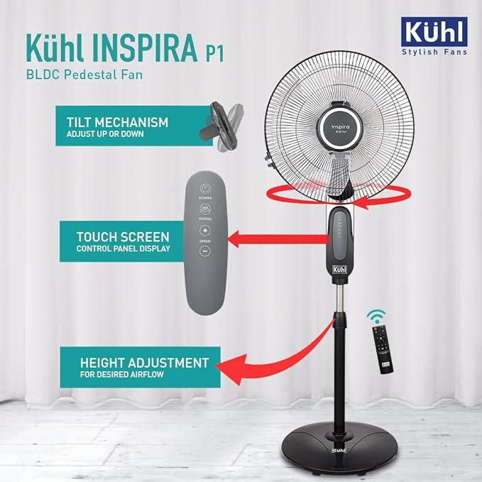 KUHL Inspira P1 BLDC Pedestal Fan | 5 Blades | 6 Speed | Remote Control | Touch Panel & Display | Height & Angle Adjustment | High Air Flow & Low Noise | 400mm | 28W | Black