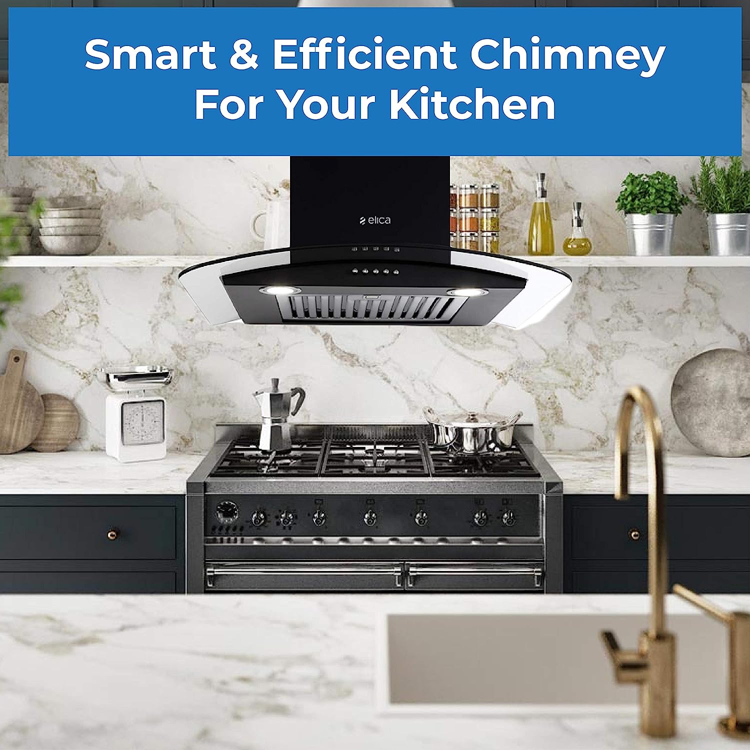 Elica 60 cm 1220 m3/hr Chimney (GLACE SF ETB PLUS LTW 60 PB LED, Black) with Installation Kit