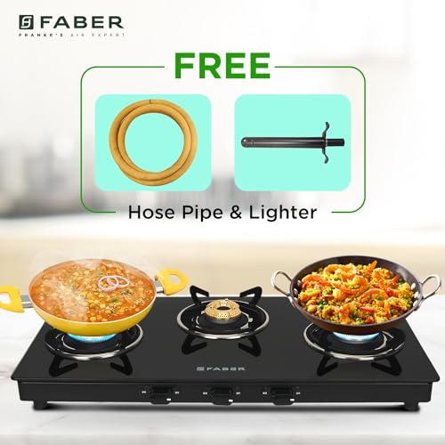 Faber 3 Burner Daisy Pro Cooktop | Free Hose Pipe & Piesco Lighter| Black Glass Top | Powder Coated Pan Support | Manual Ignition | Brass Burners | Cooktop Daisy PRO 3BB | 2 Yrs Comprehensive
