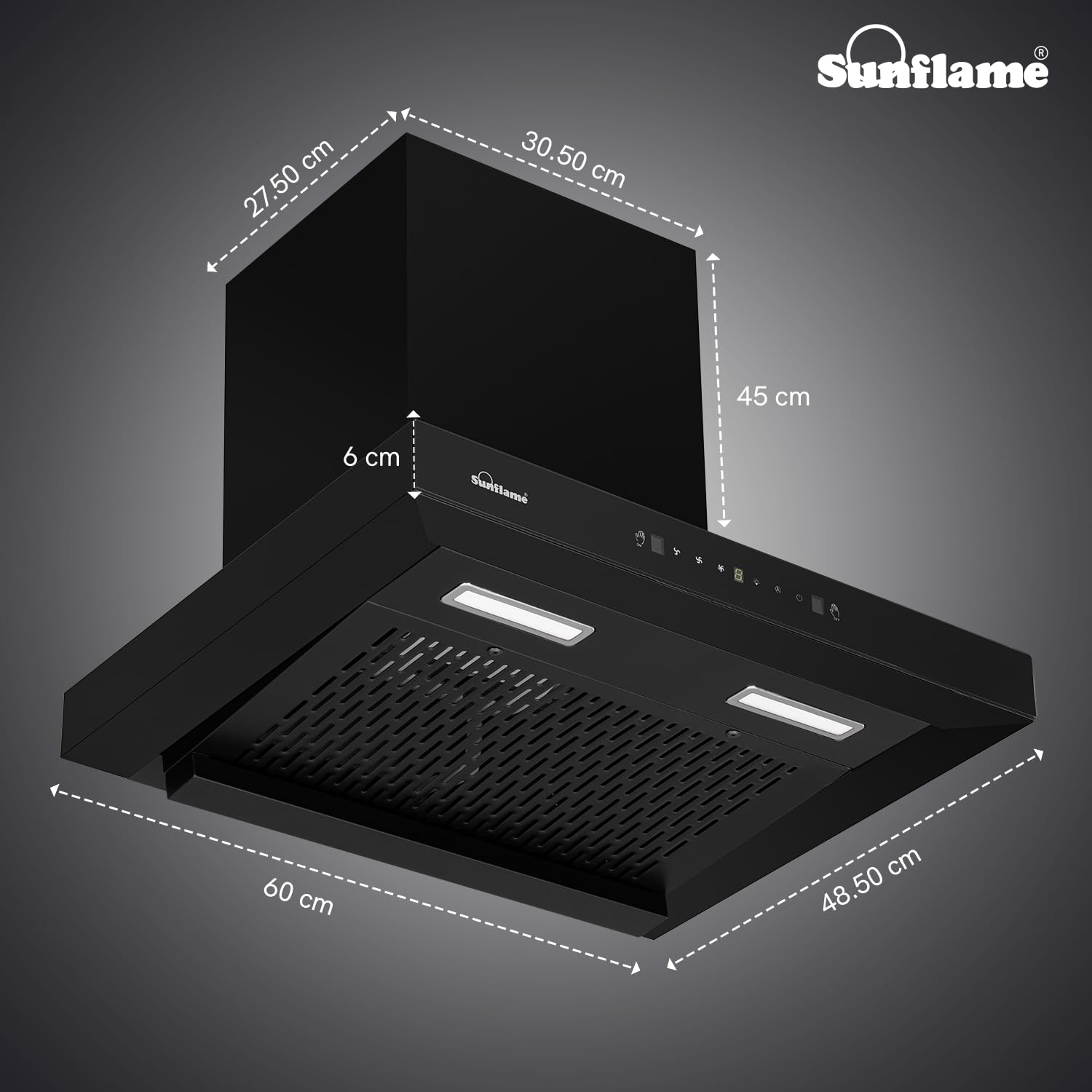 Sunflame Glanza High Efficiency Filterless 60cm Chimney | 1250 m³/h Suction Capacity | 1-Year Product and 5-Year Motor coverage | Heat Auto-Clean | Touch Panel and Gesture Control