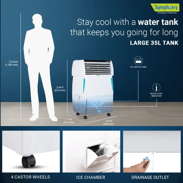 Symphony Touch 35 Personal Air Cooler with Honeycomb Pads (35L, White)