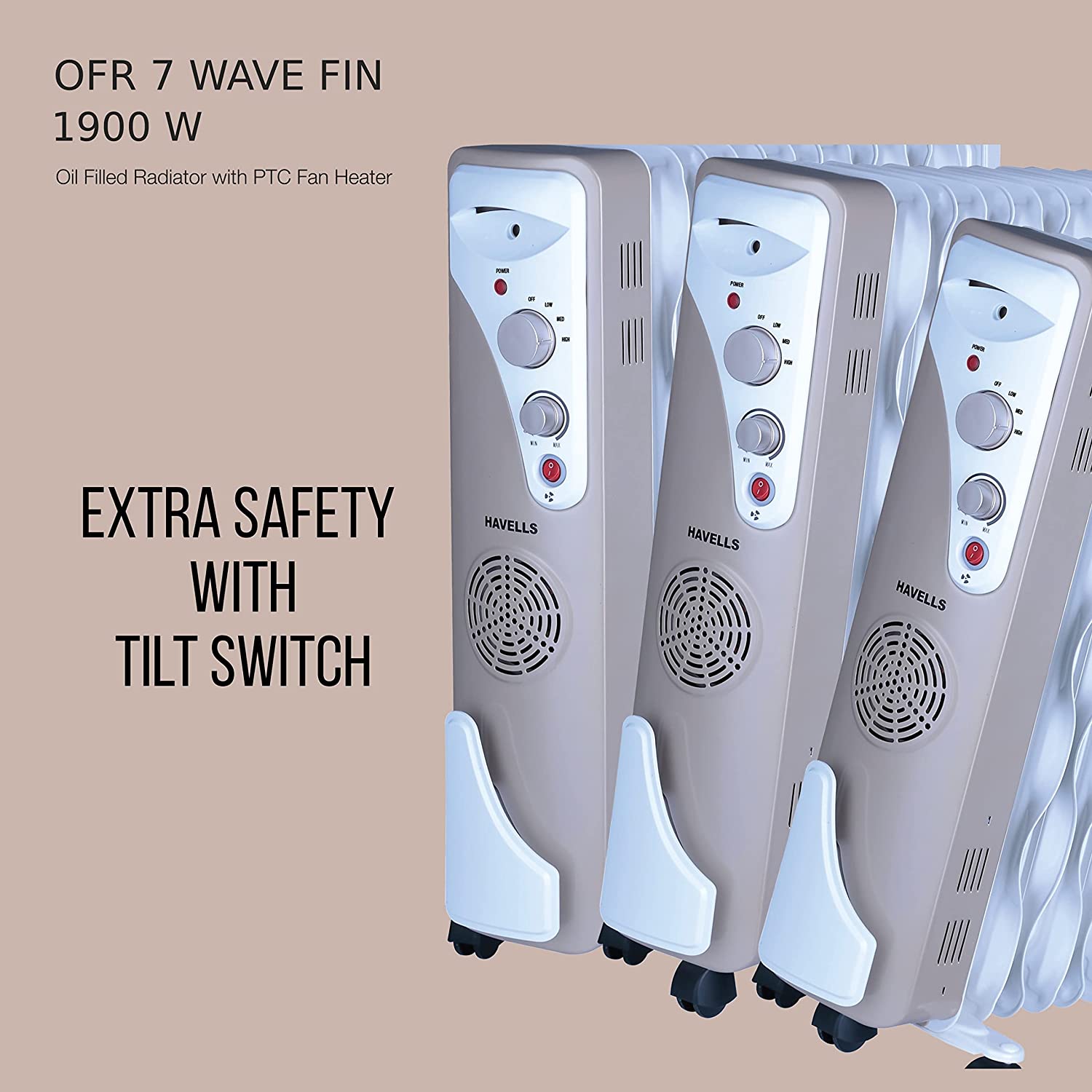 Havells OFR 7 Wave Fins with Fan 1900 watt (Beige), (GHROFBYC190)
