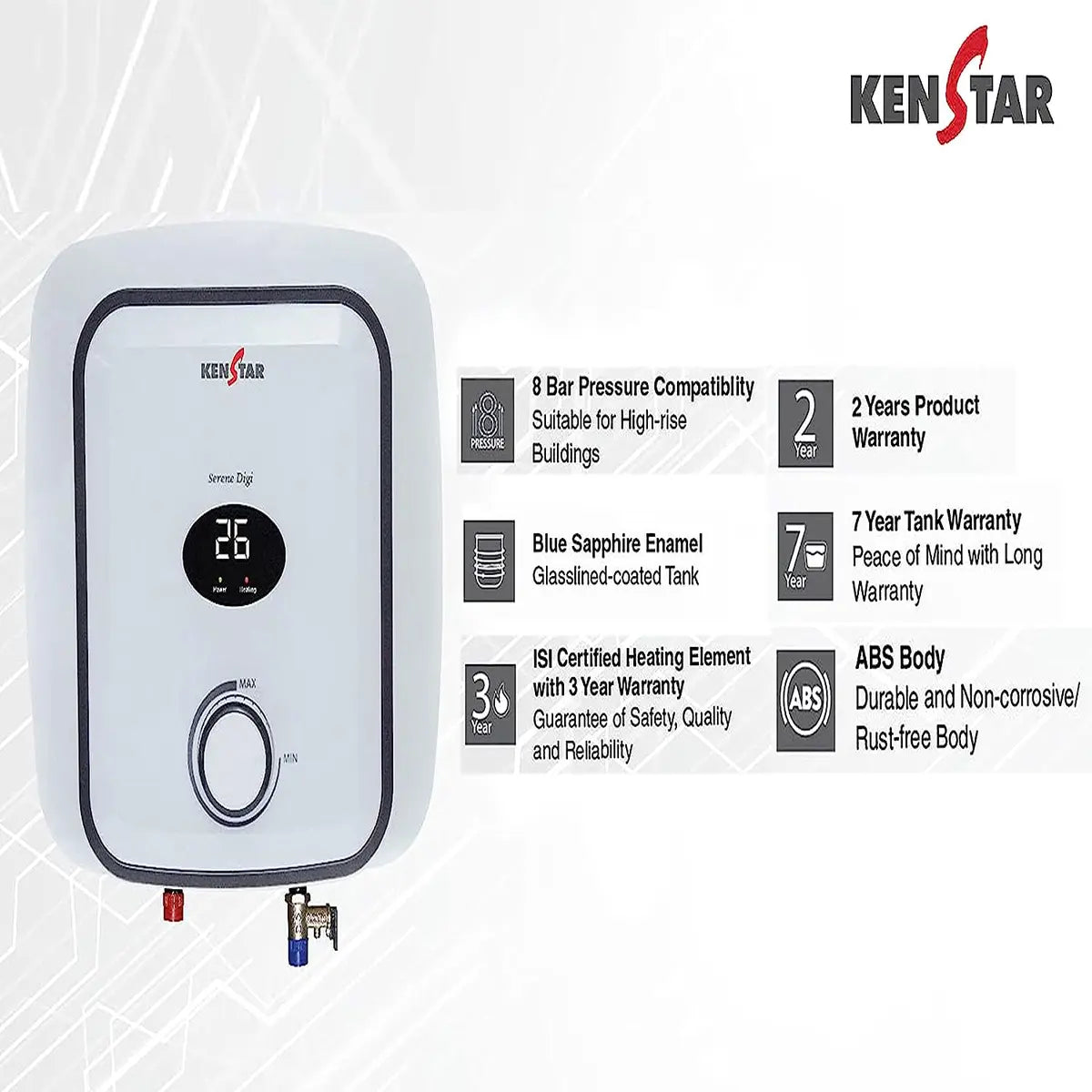 KENSTAR SERENE 15 Liter Durable and Non Corrosive Storage Water Heater_White