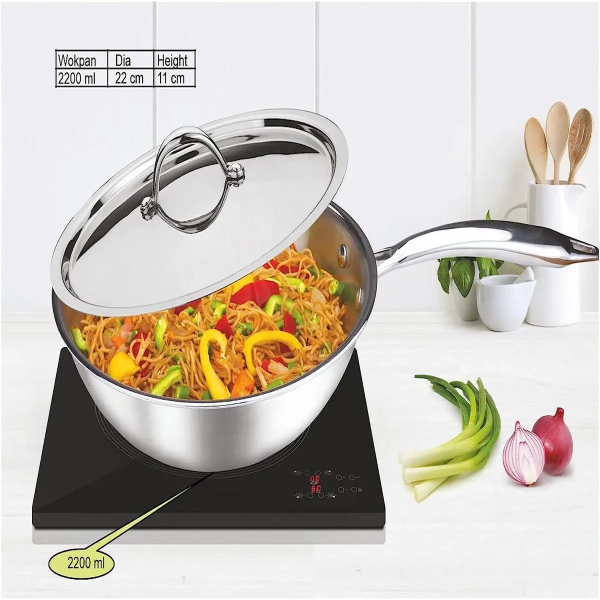 SignoraWare Artista Tri-Ply Stainless Steel Induction Compatible Triply WOKPAN / DEEP FRYPAN with Stainless Steel Lid (Induction and Gas Compatible), 22cm, Capacity 2200 ml,Set of 1, Silver