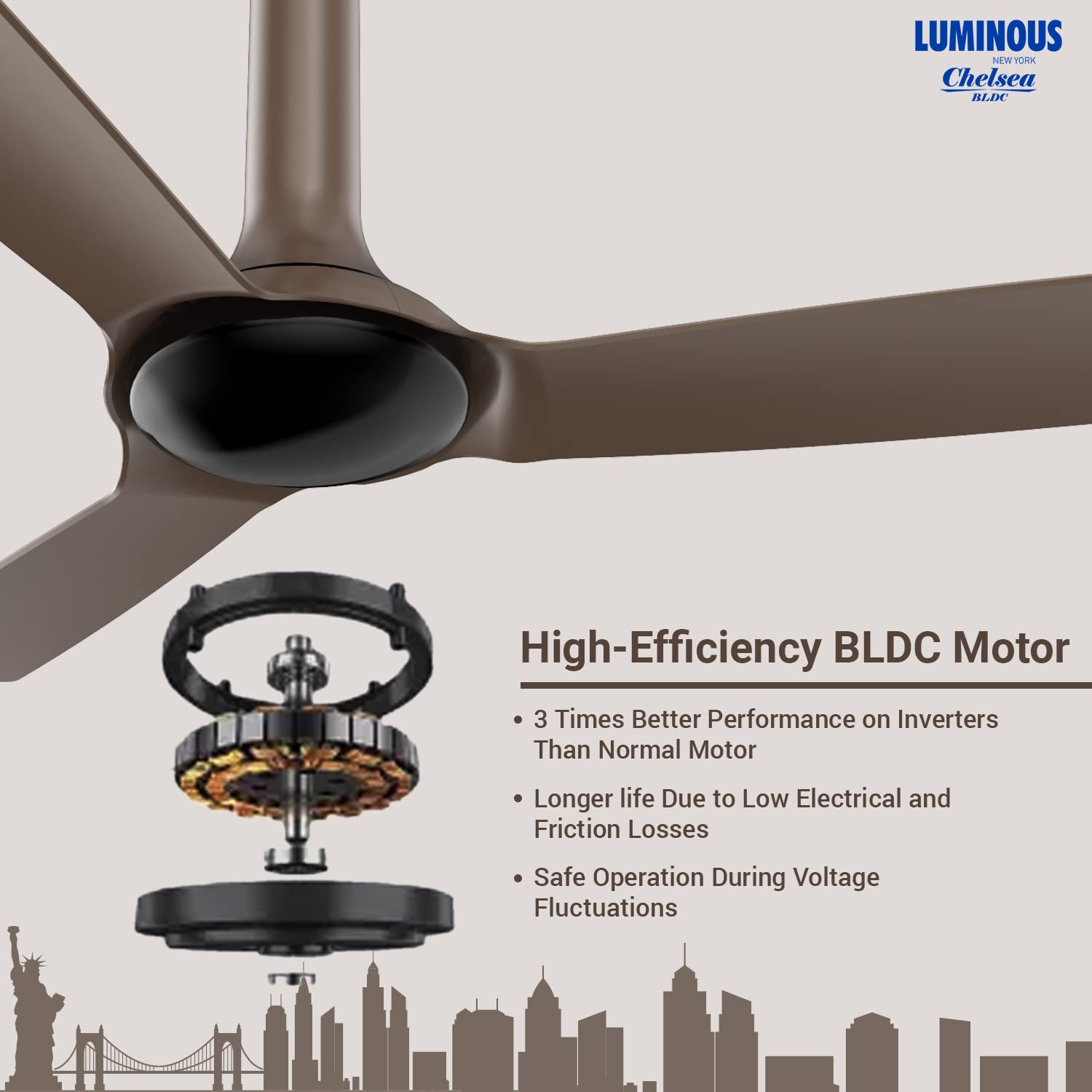 Luminous New York Chelsea 1200MM Ceiling Fan Caramel Brown