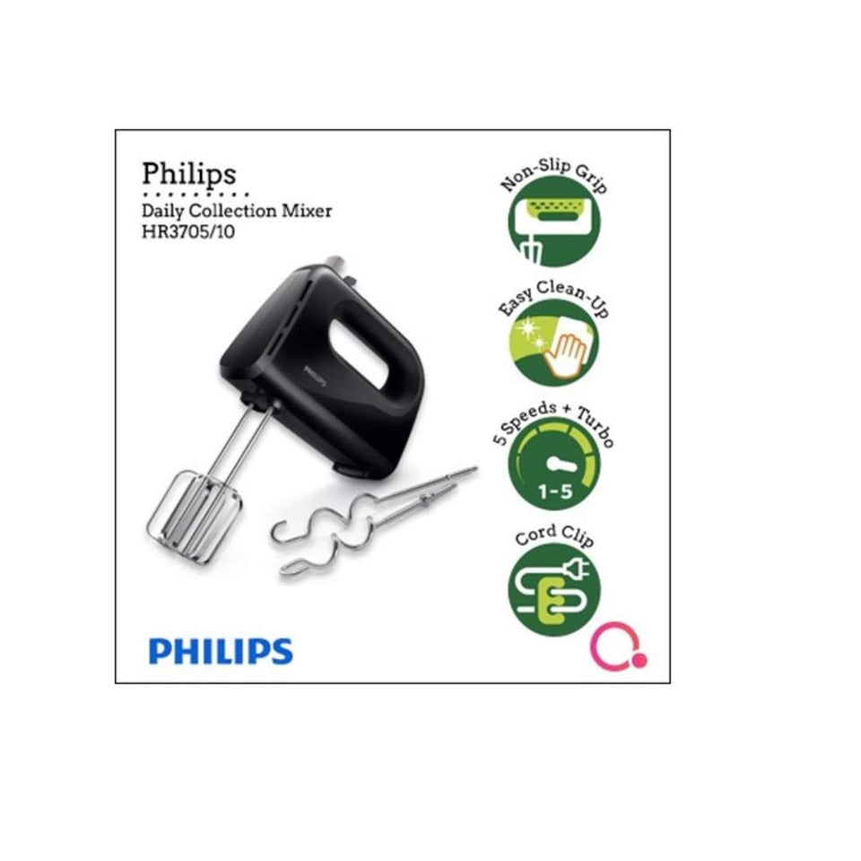 Philips Daily Collection HR3705/10 mixer infographic showing non-slip grip, easy clean-up, 5 speeds plus turbo and cord clip