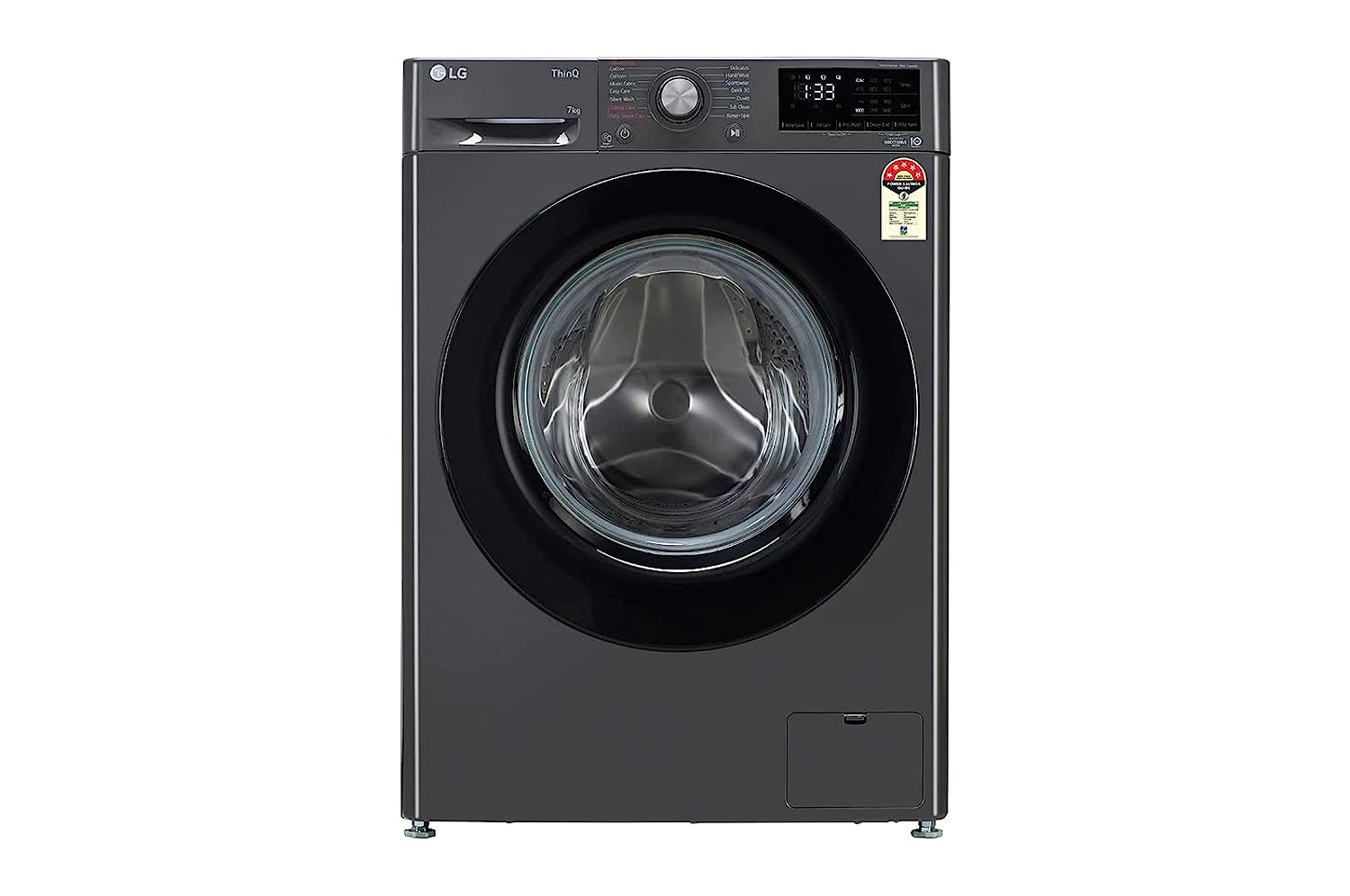 LG 7 Kg 5 Star Inverter Fully-Automatic Front Loading Washing Machine with Inbuilt heater (FHV1207Z2M, Middle Black with Black Door, AI DD Technology & Steam for Hygiene)