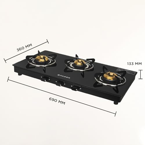 Faber 3 Burner Daisy Pro Cooktop | Free Hose Pipe & Piesco Lighter| Black Glass Top | Powder Coated Pan Support | Manual Ignition | Brass Burners | Cooktop Daisy PRO 3BB | 2 Yrs Comprehensive